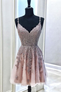 Pink Homecoming Dress 2023 Spaghetti Straps Tulle with Appliques
