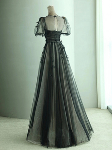 Black Prom Dress 2024 Illusion Neck Tulle Beaded Pleats