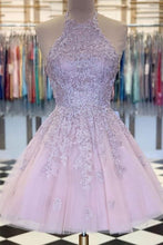 Load image into Gallery viewer, Pink Homecoming Dress 2023 Halter Neck Tulle with Appliques