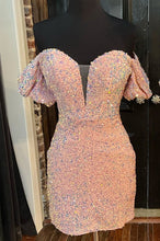 Load image into Gallery viewer, Pink Homecoming Dress 2023 Short Tight Off the Shoulder Sequin