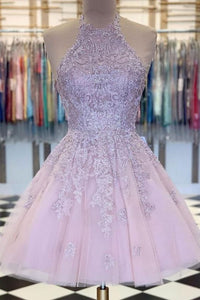 Pink Homecoming Dress 2023 Halter Neck Tulle with Appliques