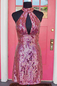 Hot Pink Homecoming Dress 2023 Halter Neck Sexy Sequin Sparkly