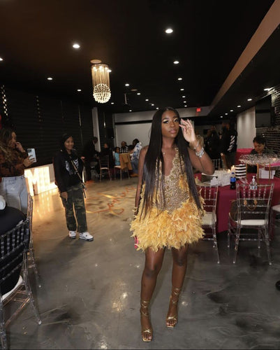 Gold Homecoming Dress Black Girl 2025 with Feathers