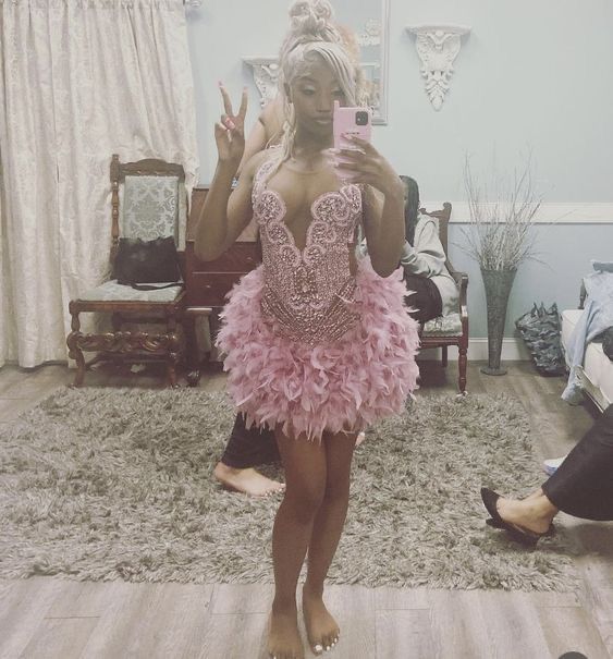 Pink Homecoming Dress Black Girl 2025 with Feathers Pink Homecoming Dress Black Girl 2025 with Feathers