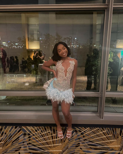 Blue Homecoming Dress Black Girl 2025 with Feathers