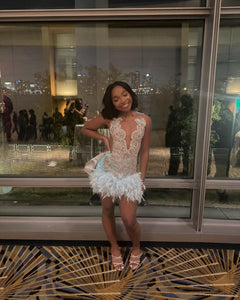 Blue Homecoming Dress Black Girl 2025 with Feathers – AnnaCustomDress