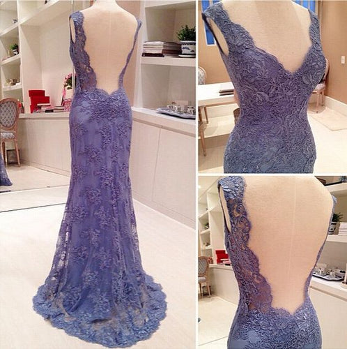 Purple Prom Dress 2024 V Neck Sleeveless Lace Appliques Open Back