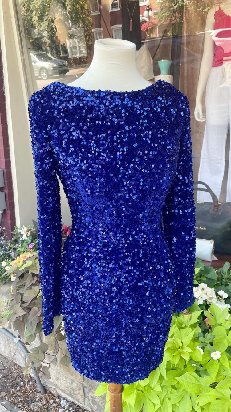 Royal Blue Homecoming Dress 2023 Short Jewel Neck Long Sleeves Sequin   AnnaCustomDress