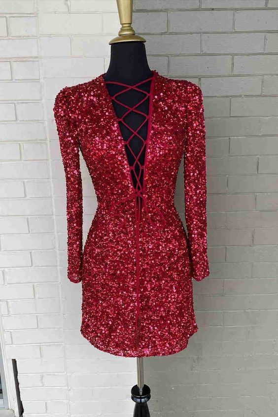 Burgundy Homecoming Dress 2023 Short Tight Plunging Neck Long Sleeves Sequin