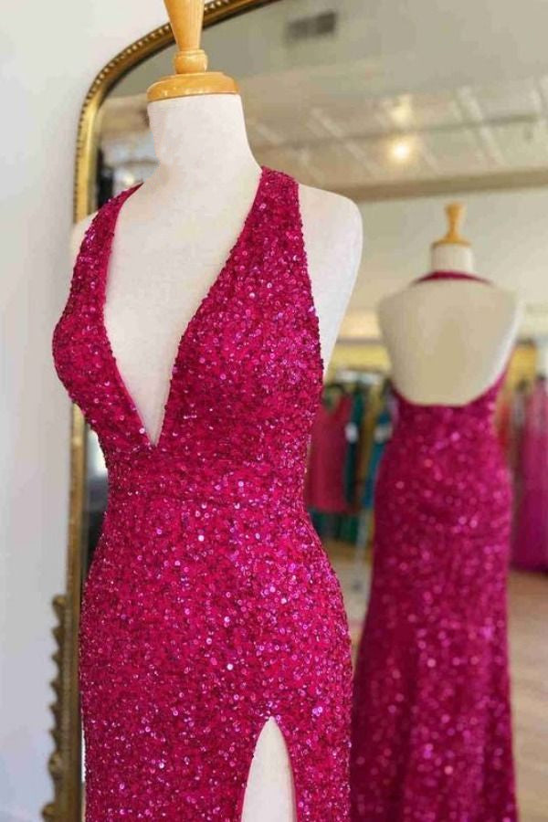 Hot Pink Prom Dress 2024 Halter Neck Sequin with Slit