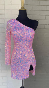 Pink Homecoming Dress 2023 Short Tight One-shoulder Long Sleeves Sequin Slit