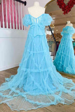 Load image into Gallery viewer, Blue Prom Dress 2024 Off the Sholulder Tulle with Sleeves