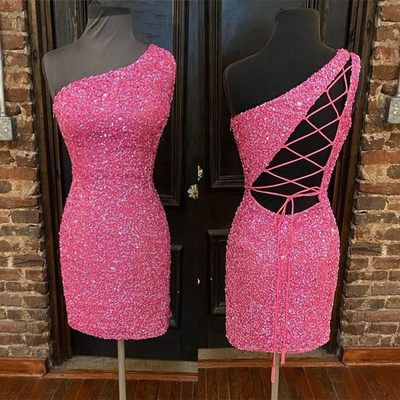 Short Tight Homecoming Dress 2023 One-shoulder Corset Back Sparkly