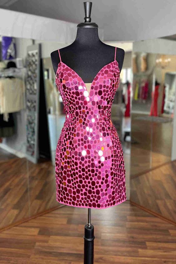 Hot Pink Homecoming Dress 2023 Short Tight Spaghetti Straps Sequin Sparkly 8 / Blue Hot Pink Homecoming Dress 2023 Short Tight Spaghetti Straps Sequin Sparkly 8 / Blue