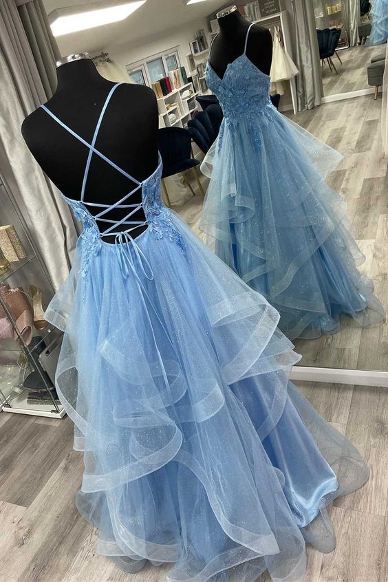blue and black white and gold dress explanation Blue Prom Dress 2024 Spaghetti Straps Corset Back Tulle – AnnaCustomDress