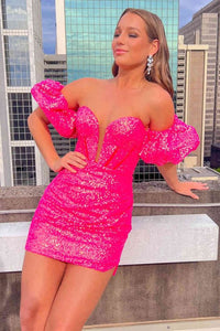 Short Homecoming Dress 2023 Off the Shoulder Puffy Sleeves Sequin