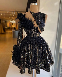 Black Homecoming Dress 2023 One-shoulder Sequin Long Sleeve with Feathers