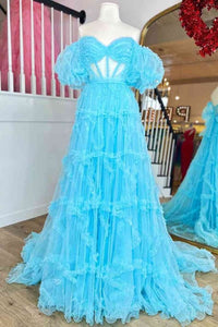 Blue Prom Dress 2024 Off the Sholulder Tulle with Sleeves
