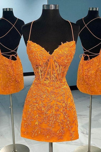 Orange Short Homecoming Dress 2023 Spaghetti Straps Tight Corset Back