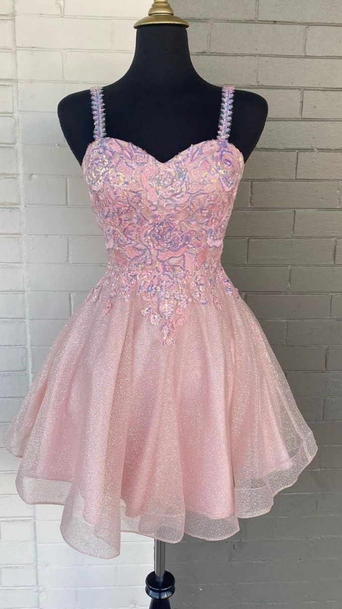 Pink Homecoming Dress 2023 Short Straps Tulle with Appliques Sparkly