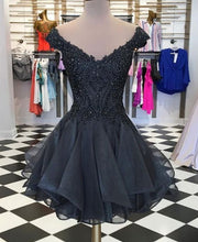Load image into Gallery viewer, Black Homecoming Dress 2023 Off the Shoulder Beaded Tulle