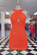 Load image into Gallery viewer, Orange Short Homecoming Dress 2023 Halter Neck Sequin Sparkly Hollow