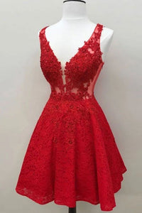 Red Short Homecoming Dress 2023 Sleeveless V Neck with Appliques