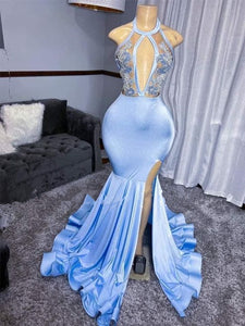 Blue Prom Dress 2024 Halter Neck Satin with Slit Mermaid