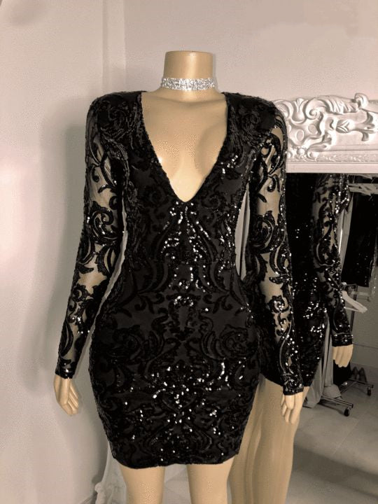 Black Homecoming Dress 2023 Short Tight V Neck Long Sleeves Sequin Sparkly Custom Size / Same as sample Black Homecoming Dress 2023 Short Tight V Neck Long Sleeves Sequin Sparkly Custom Size / Same as sample