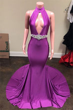 Load image into Gallery viewer, Purple Prom Dress 2024 Halter Neck Satin Hollow Mermaid