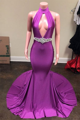 Purple Prom Dress 2024 Halter Neck Satin Hollow Mermaid