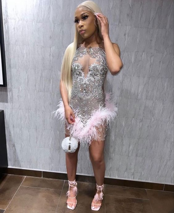 Black Women Homecoming Dress 2023 Illusion Neck Sequin with Feathers 14 / Custom Color Black Women Homecoming Dress 2023 Illusion Neck Sequin with Feathers 14 / Custom Color