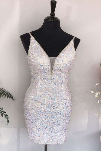 White Homecoming Dress 2023 Short Tight Sequin Spaghetti Straps Sparkly