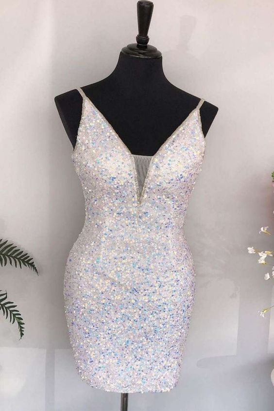 White Homecoming Dress 2023 Short Tight Sequin Spaghetti Straps