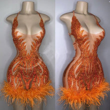 Load image into Gallery viewer, Orange Homecoming Dress 2023 Halter Neck Sequin with Feathers