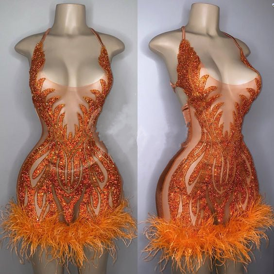 Orange Homecoming Dress 2023 Halter Neck Sequin with Feathers