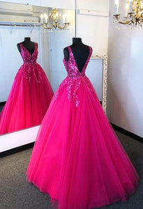 Pink Prom Dress 2024 V Neck Sleeveless Lace Appliques Tulle