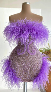 Purple Homecoming Dress 2023 Strapless Beaded with Feathers