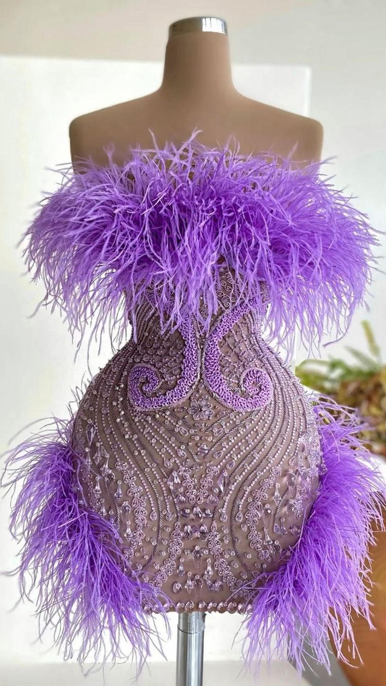 Purple Homecoming Dress 2023 Strapless Beaded with Feathers