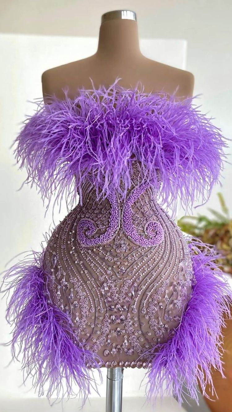 Purple Homecoming Dress 2023 Strapless Beaded with Feathers 6 / Red