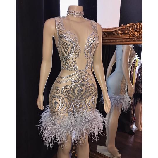 Sliver Homecoming Dress 2023 Sexy Transparent Sleeveless Sequin with Feathers 14 / Custom Color