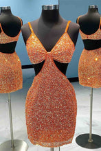 Load image into Gallery viewer, Orange Homecoming Dress 2023 Short Tight Spaghetti Straps Sequin Sparkly