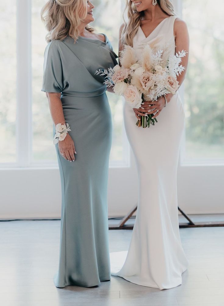 Dusty Blue Crepe Satin Mother of the Bride Dress 2025 Half Sleeves 12 / Light Grey Dusty Blue Crepe Satin Mother of the Bride Dress 2025 Half Sleeves 12 / Light Grey