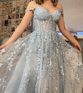Blue Prom Dress 2024 Off the Shoulder Lace Appliques Tulle
