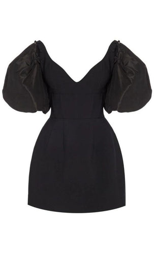 Black Homecoming Dress 2023 V Neck Satin with Puffy Sleeves