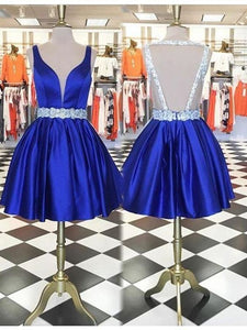 Royal Blue Homecoming Dress 2023 Short Plunging Neck Sleeveless Satin with Belt