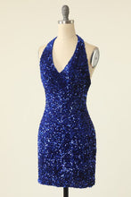 Load image into Gallery viewer, Royal Blue Homecoming Dress 2023 Short Tight Halter Neck Sequin Sparkly