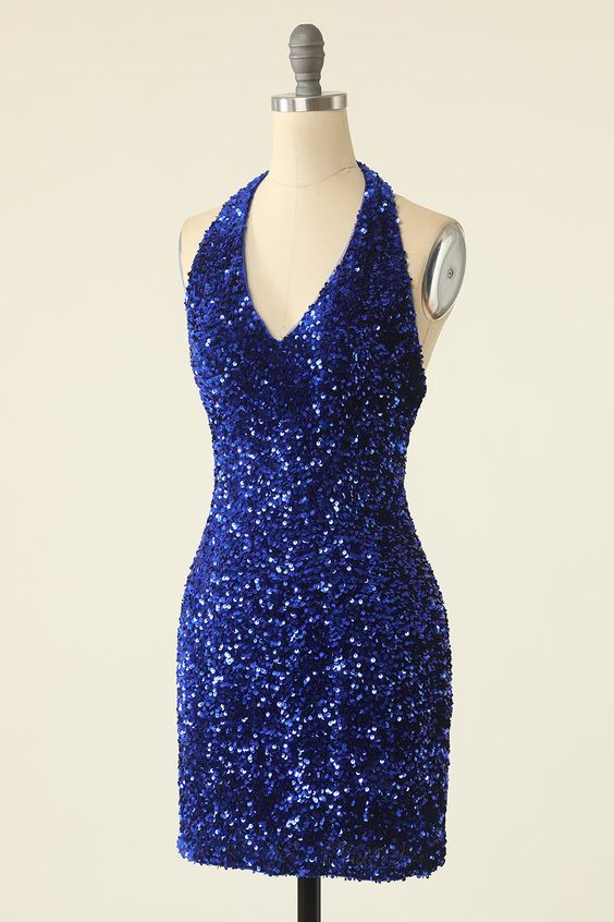 Royal Blue Homecoming Dress 2023 Short Tight Halter Neck Sequin Sparkly 18W / Black Royal Blue Homecoming Dress 2023 Short Tight Halter Neck Sequin Sparkly 18W / Black