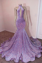 Load image into Gallery viewer, Purple Prom Dress 2024 Halter Neck Sequin Mermaid Hollow