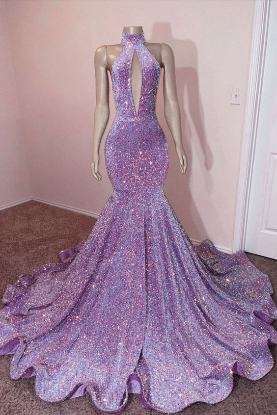 Purple Prom Dress 2024 Halter Neck Sequin Mermaid Hollow